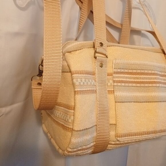 New Canvas Upholstery Mini Duffle Travel Bag Tan Sage embroidered Shoulder Cross - Picture 4 of 9